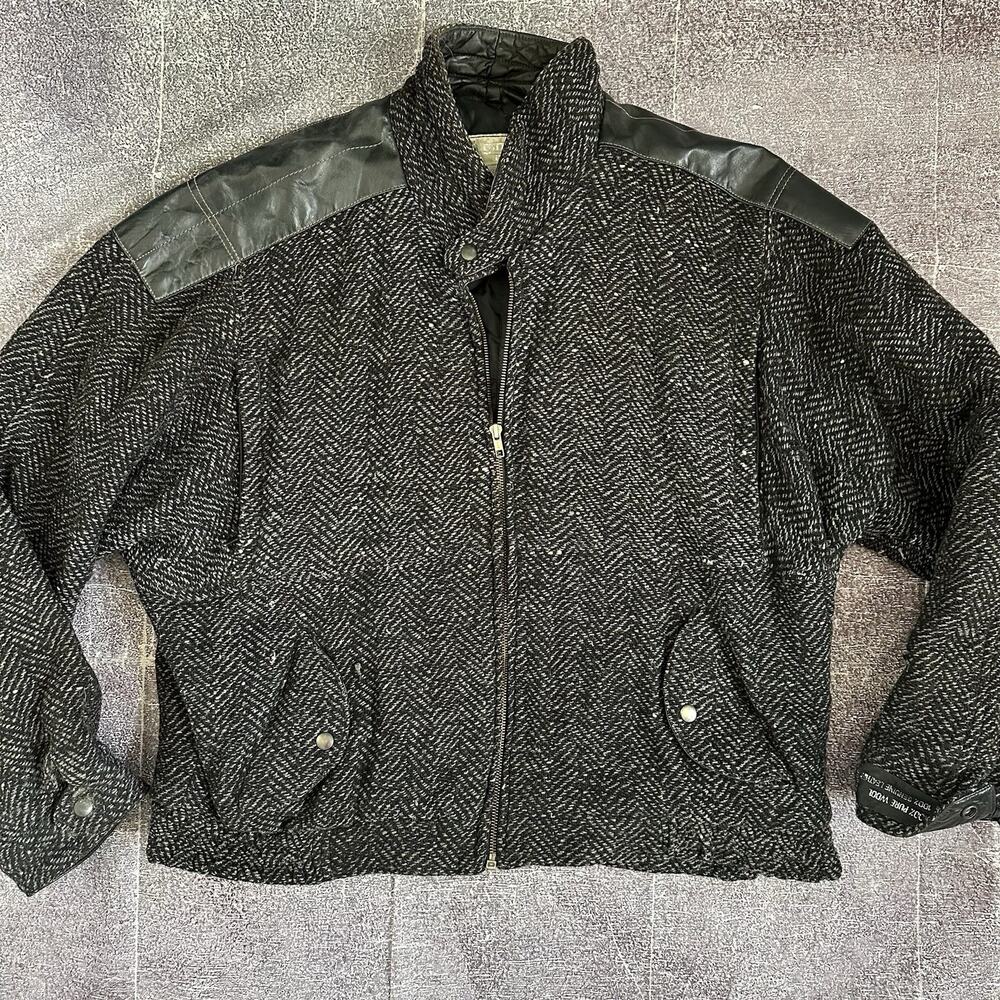 Men's Vintage 80's Gino Tweed Wool Leather Black Gray Bomber Zip Up Jacket Sz XL